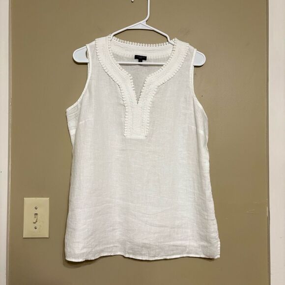 Talbots 100% Linen White Crochet Lace V Neckline Tank Petite Large - Picture 1 of 7